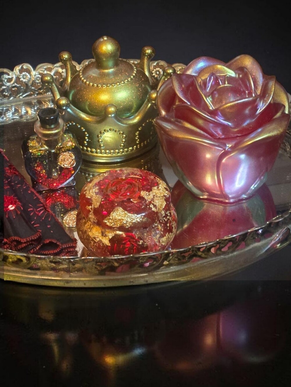 Romantic Gothic Vanity Set | 4-Piece Handmade Resin Crown, Rose & Perfume Set
